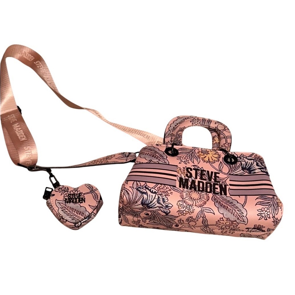 Steve Madden BDior Floral Satchel Handbag Pink Grey Crossbody Bag Heart Pouch